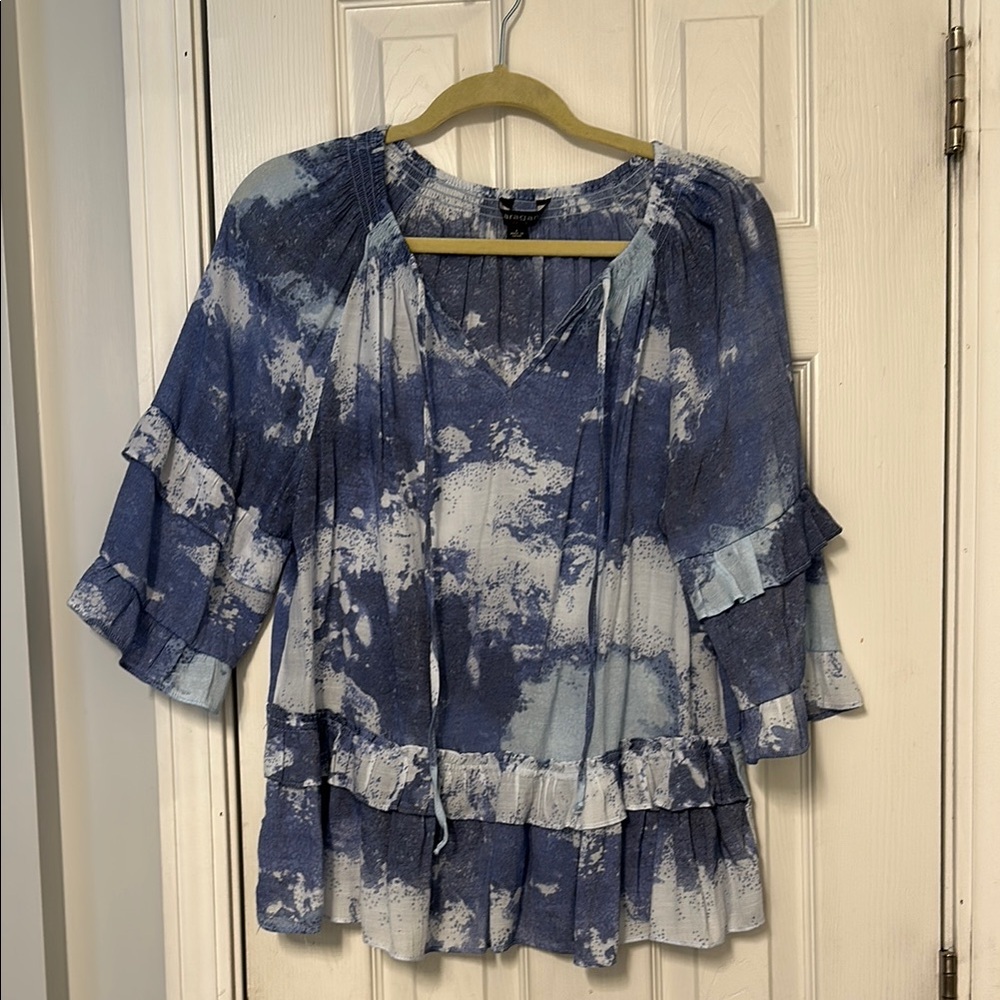 Sharagano Blue and White Ruffled Blouse